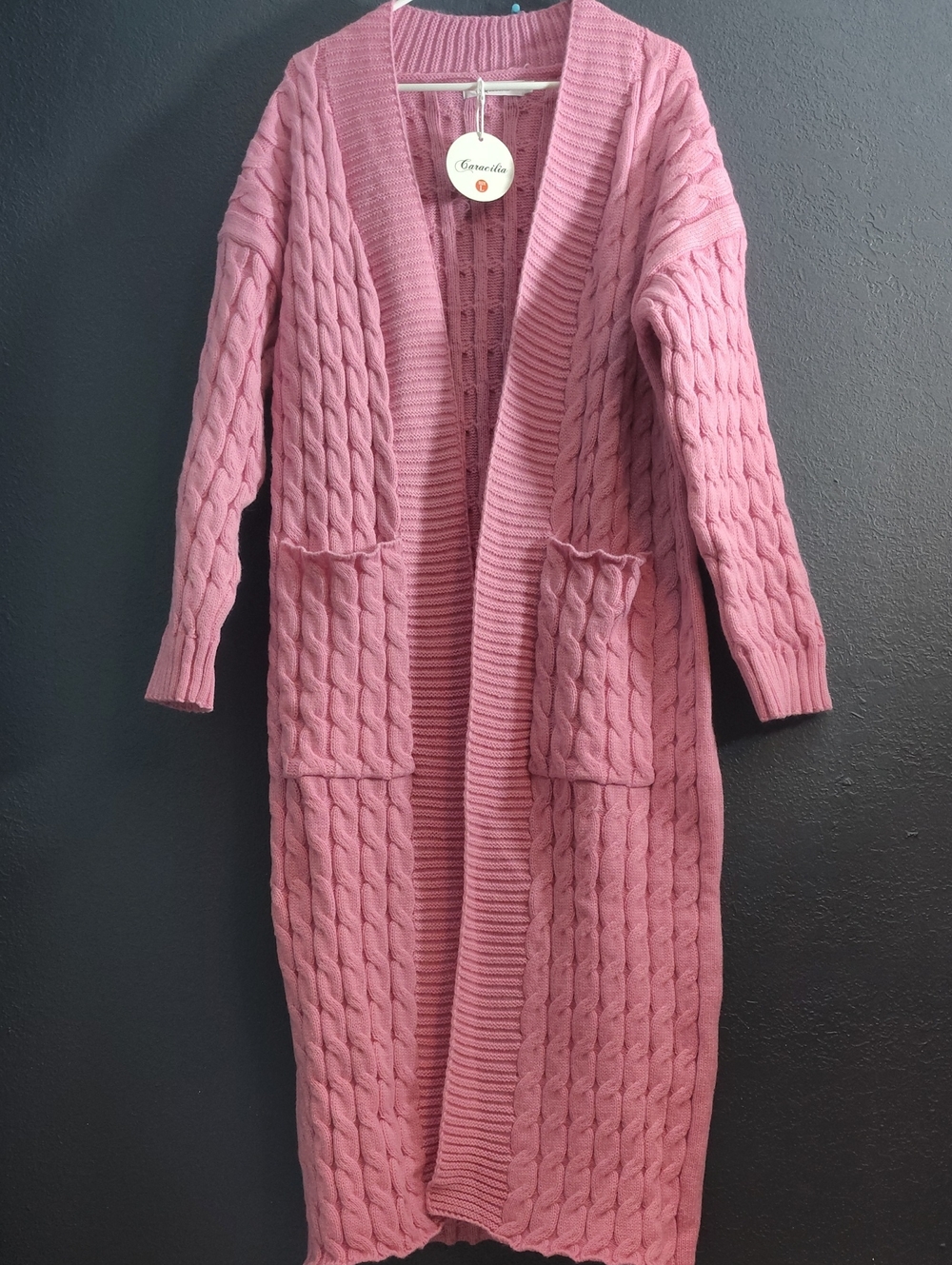 NWT Caracilia Pink Chunky Cable Knit Long Duster Cardigan Sweater Size Large